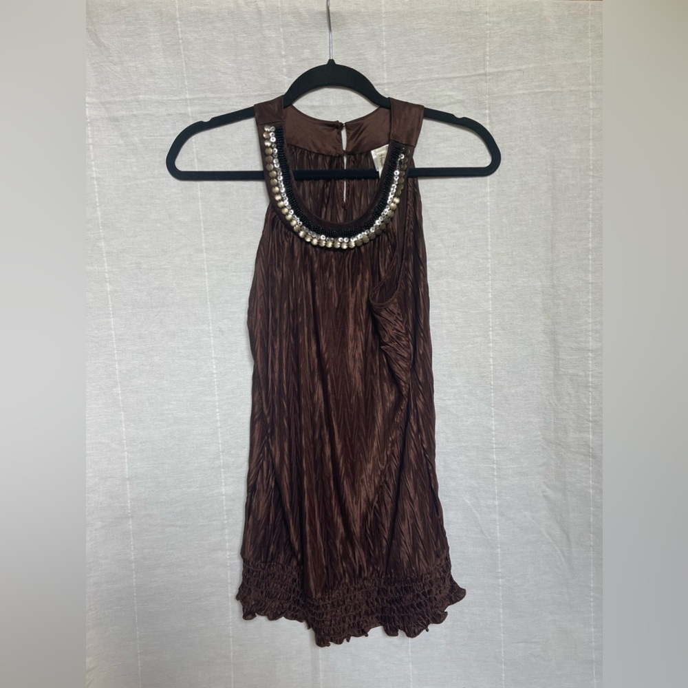 Vintage beaded Tanktop halter brown silky women’s size medium summer
